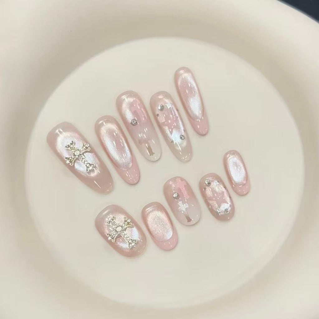 Icy Nude Pink Aurora French Cat-Eye Press-On Nails