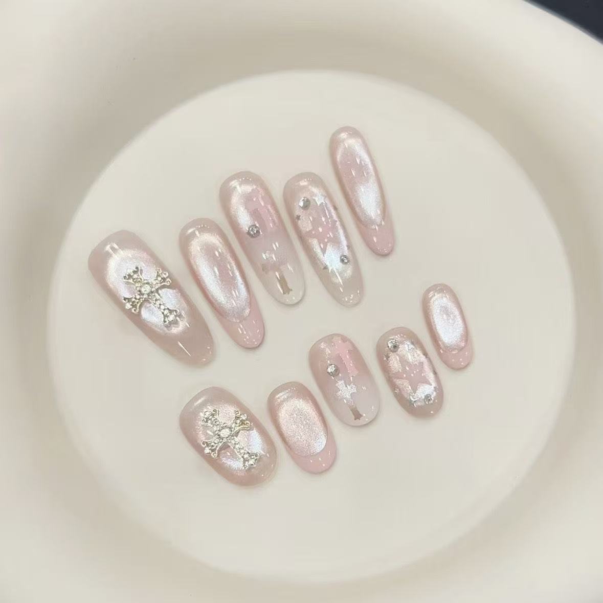 Icy Nude Pink Aurora French Cat-Eye Press-On Nails