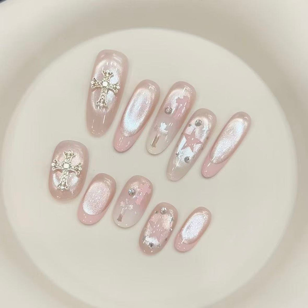 Icy Nude Pink Aurora French Cat-Eye Press-On Nails