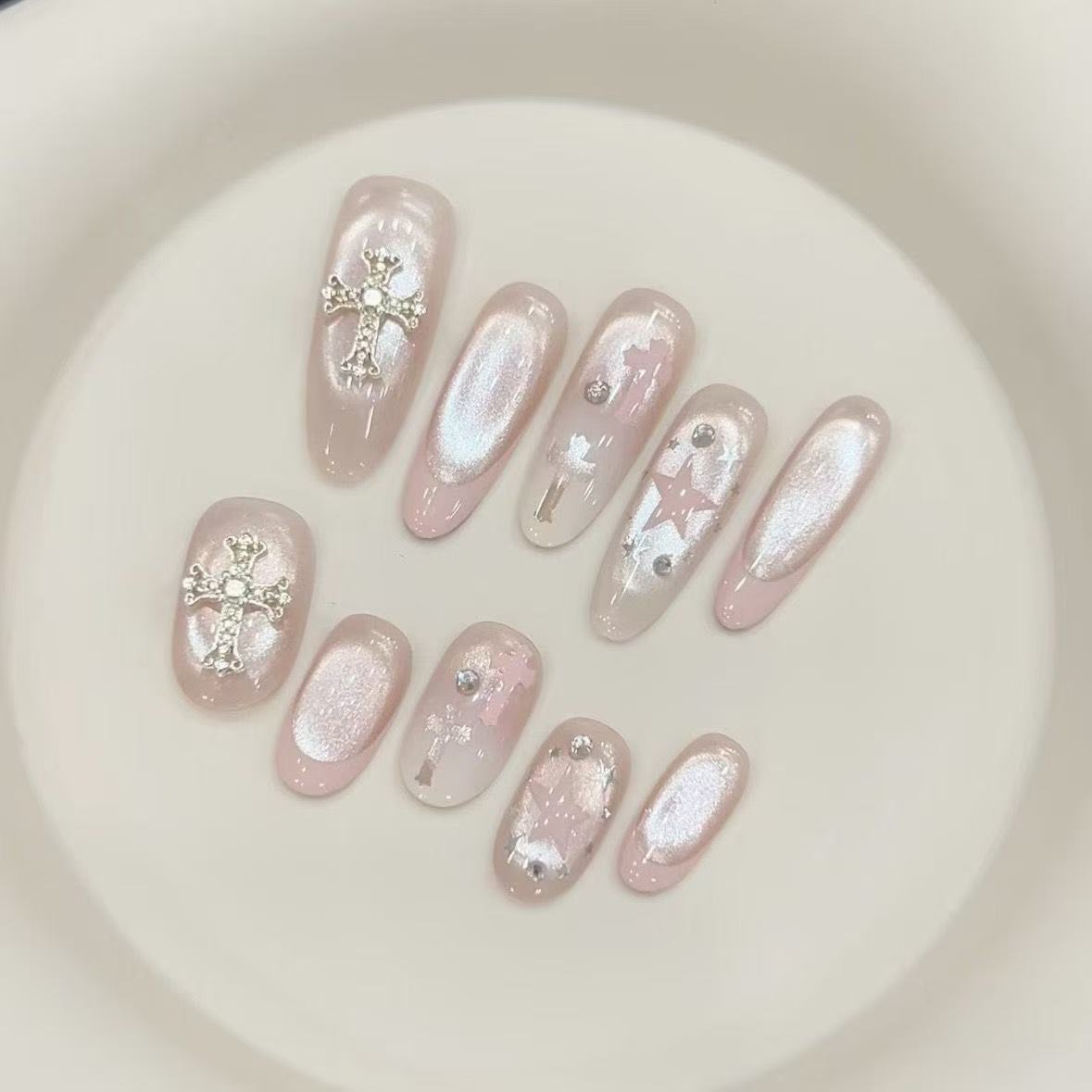 Icy Nude Pink Aurora French Cat-Eye Press-On Nails