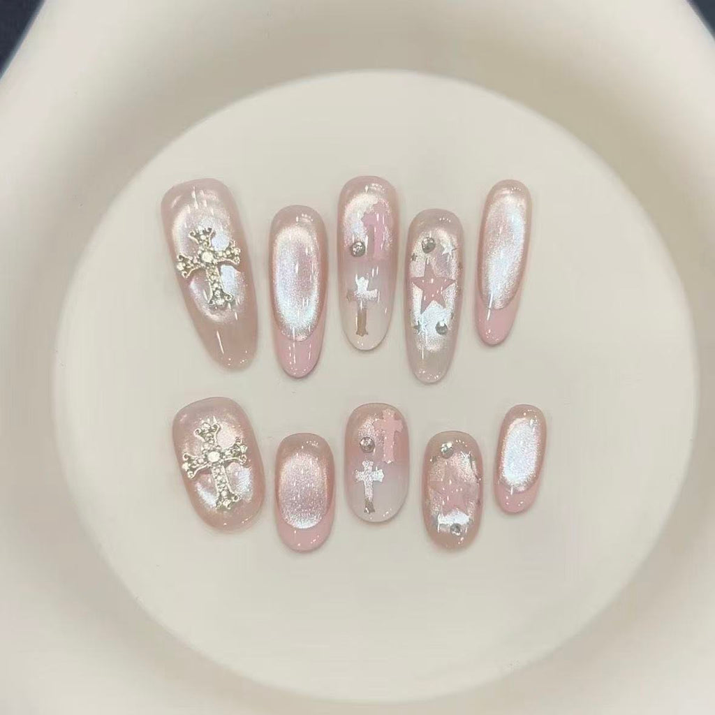 Icy Nude Pink Aurora French Cat-Eye Press-On Nails