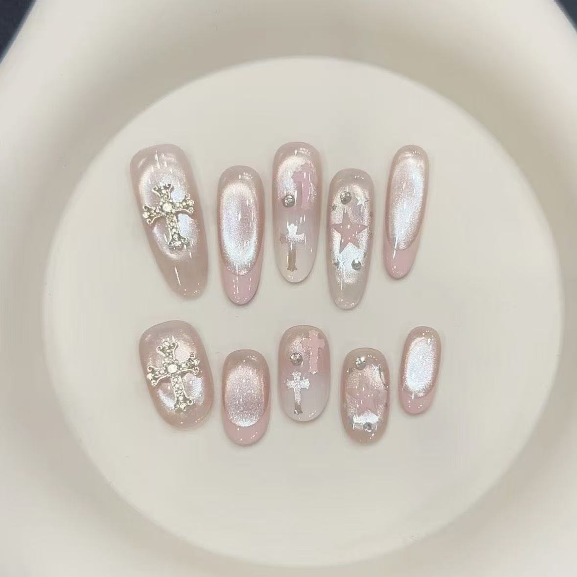 Icy Nude Pink Aurora French Cat-Eye Press-On Nails